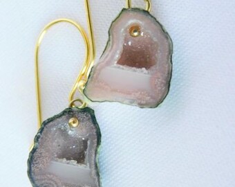 Drusy Earrings - Green Earrings - Peach Earrings - Gold Earrings - Dangle Earrings - Everyday Earrings - Short Earrings
