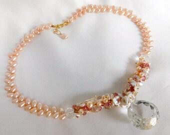 Rock Crystal Statement Necklace - Pearl Necklace - Pink Pearls