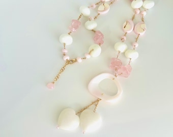Shell Necklace - White Necklace - Pink Neclace - Long Necklace - Chunky Necklace - Designer Jewelry - Heart Necklace