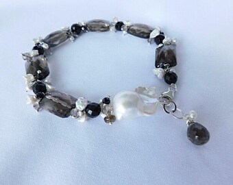 Smokey Quartz Bracelet, Black Quartz Bracelet, Black Onyx Bracelet, Pearl Bracelet, Mixed Gem Bracelet, Black and white Bracelet