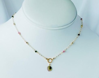 Tourmaline Necklace - Pink Necklace - Green Necklace - Delicate Necklace - Everyday Necklace - Gold Necklace