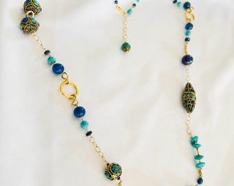 Boho Luxe Turquoise Necklace - Lapis Necklace - Handmade Statement Necklace - Inlaid Brass Bead Necklace - Gold chain Necklace