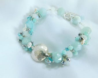 Aqua Marine Bracelet, Crystal Bracelet, Keishi Pearl Bracelet