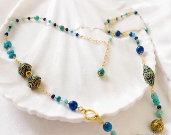 Boho Luxe Turquoise Necklace - Lapis Necklace - Handmade Statement Necklace - Inlaid Brass Bead Necklace - Gold chain Necklace