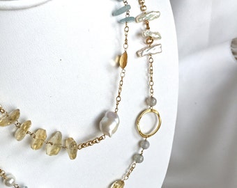 Aqua Marine - Baroque Pearls - Keishi Pearls - Gold Necklace - Statement Necklace