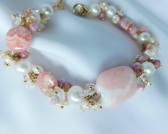 Pink Bracelet, Rhodochrosite Bracelet , Peruvian Opal Bracelt,  Crystal Bracelet, Keishi Pearl Bracelet