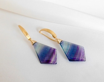 Fluorite Earrings, Purple Earrings, Gold Dangle Earrings, Purple Jewelry, Long Earrings, Chandelier Earrings, Faceted  Earrings