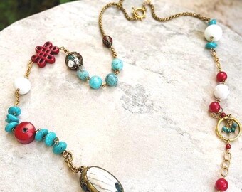 Coral Necklace - Turquoise Jewelry - White Agate Necklace