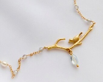 Gold Bird Necklace, Dainty Branch Pendant with Crystal Drop, Nature Inspired Jewelry, Delicate Layering Necklace, Gift for Her