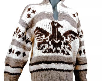 COWICHAN INDIAN Men&#39;s Sweater Handmade Knit COWICHAN Fair Isle 100% Wool S