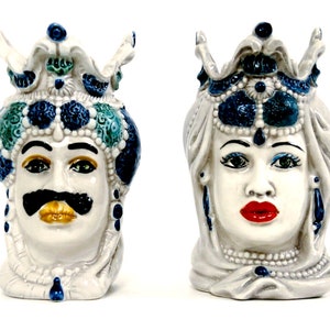 Ceramiche Caltagirone Pair of Sicilian Moor&#39;s heads handmade ceramic h 13