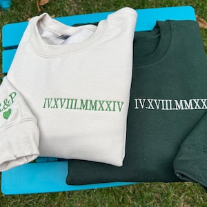 Custom Roman letters embroidered sweatshirts with initial on sleeve, personalized date embroidered hoodie, anniversary date sweatshirts