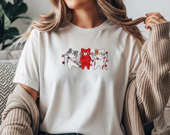 Niedliches Katzenstickerei Gildan T-Shirt, Valentinstag Geschenke, süßes Kätzchen bestickt T-Shirt, süßes Kätzchen T-Shirt