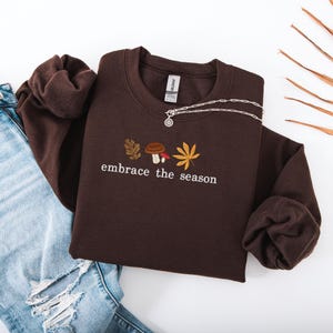 Custom Embroidered Mushroom Leaf Sweatshirt, Personalized Fall Quote Pullover, Woodland Autumn Crewneck, Cozy Thanksgiving Nature Lover Gift