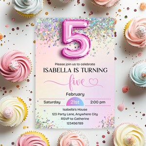 Redigerbar 5-årsdagsinbjudan flicka, rosa glitter 5-årsdagsfestinbjudningsmall, rosa folie 5-årsdagsinbjudan utskrivbar