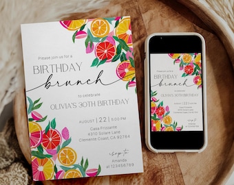 Invito per brunch rosa e arancione, invito per brunch di compleanno con agrumi rosa e arancione, invito per un brunch estivo