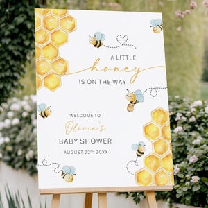 A Little Honey Is On The Way Baby Shower Welcome Sign, Bee Baby Shower Welcome Poster, Bee Honeycomb Baby Shower Welcome Sign Template