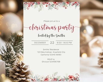 Minimalist Christmas Party Invitation, Winter Berries Template (Digital Download)