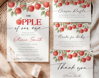 May include: Baby shower invitation and cards with an apple theme. The invitation reads "The Apple of Our Eye" with details for Olivia Smith's baby shower. Cards include "Diaper Raffle," "Books for Baby," and "Thank You." The design features red apples and green leaves.