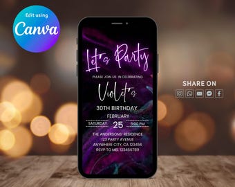 Invitación digital de color morado neón, invitación de cumpleaños animada de color morado brillante para cualquier edad, invitación digital de iMessage con texto Let's Party de color morado