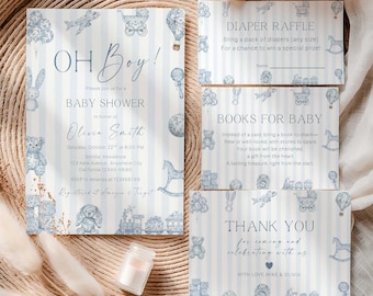 Toile de Jouy Baby Shower Bundle, Blue Nursery Toys Baby Invitation Set, Editable Canva Template (Digital Download)