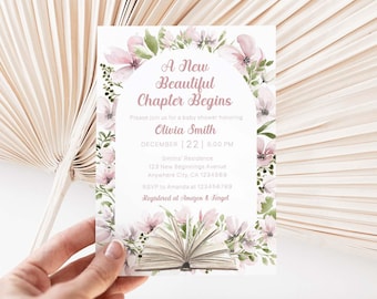 Storybook Baby Shower Invitation, A New Chapter Begins Baby Shower Template, Pink Floral Arch Design (Digital Download)