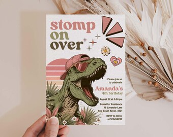 Stomp On Over Birthday Invitation For Girl - Pink Retro T-Rex Any Age Birthday Party Invite (Editable Canva Template)