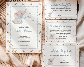 Blue Elephant Baby Shower Invitation Bundle, Little Peanut Party Template Set, Baby Elephant with Blue Bow Boy Invite (Digital Download)