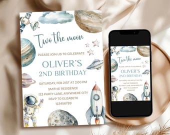 Editable Two The Moon Birthday Invitation, Outer Space Birthday Invitation, Astronaut Space Galaxy Planets Rocket 2nd Birthday Invitation