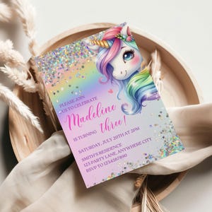 Editable Unicorn Birthday Invitation, Pastel Rainbow Glitter Party Invite, Sparkle Design, Girls Birthday Invite Template Instant Download