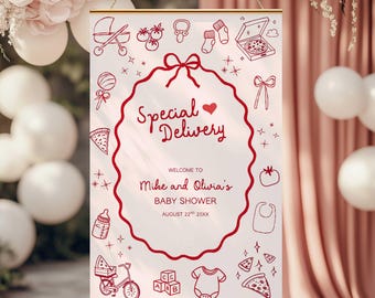May include: A baby shower sign with a gold frame and a light pink background. The sign has red text that reads "Special Delivery" and "Welcome to Mike and Olivia's Baby Shower August 22nd 20XX". The sign is decorated with red baby-themed doodles.