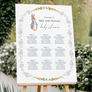 Può includere: Un cartello di benvenuto per un baby shower su un cavalletto di legno. Il cartello presenta il testo "Benvenuti al baby shower di Mike e Olivia" con un'illustrazione di coniglietto. Sono elencate le assegnazioni dei tavoli.