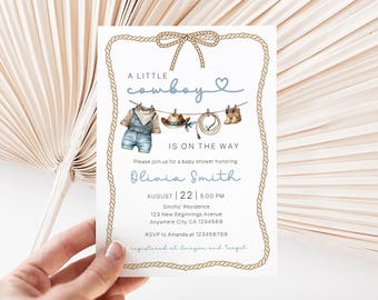 Inbjudan till cowboy-babyshower, inbjudan till den lilla cowboyen är på väg, inbjudan till babyshowern Rodeo Wild West, inbjudan till blå babykläder