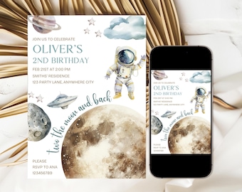 Editable Outer Space Birthday Invitation, Two The Moon Birthday Invitation, Astronaut Space Galaxy Planets Rocket 2nd Birthday Invitation