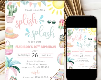 Splish Splash Pool Party Invitation Girl, Editable Summer Birthday Invite for Girl, Tropical Pool Party Birthday Invitation Template
