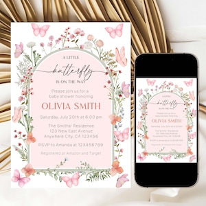 Editable Butterfly Baby Shower Invitation, Pink Floral Butterfly Baby Shower Invite, Spring Summer Baby Shower Template, A Little Butterfly
