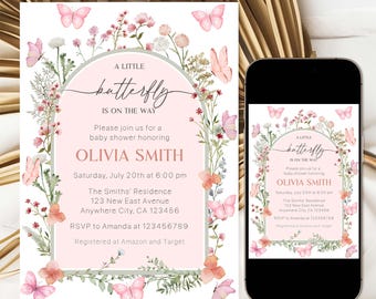 Editable Butterfly Baby Shower Invitation, Pink Floral Butterfly Baby Shower Invite, Spring Summer Baby Shower Template, A Little Butterfly