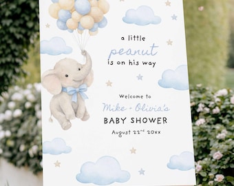 Letrero de bienvenida para baby shower de Little Peanut, póster de bienvenida con elefante y globos azules (descarga digital)