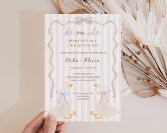 Editable Silly Goose Gender Reveal Invitation - He or She, Blue or Pink Canva Template (Digital Download)