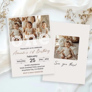 1st Birthday Photo Invitation Editable 1st Birthday Party Invite Girl First Birthday Minimalist Boho Design Invitation Template
