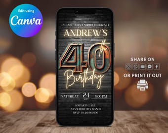 Digital 40th Birthday Invitation Men, Animated 40th E-vite, Digital Rustic 40th Birthday Invite, Self-Editable Instant Download Invitation