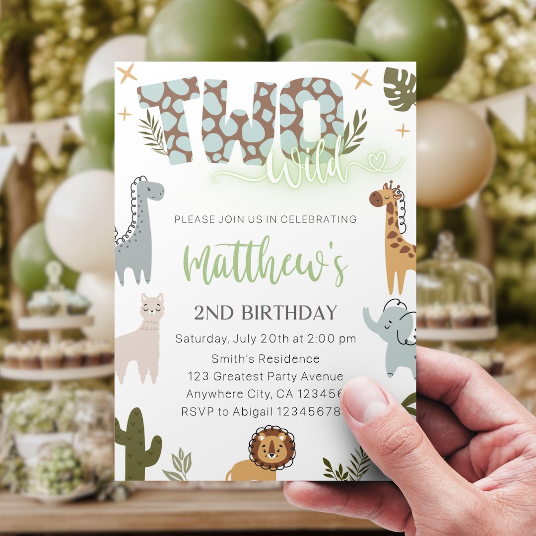 Two Birthday Invite Editable Two Wild Birthday Invitation Boy, Jungle Safari 2nd Birthday ...