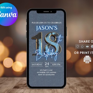 Digital 18th Birthday Invitation Men, Animated 18th E-vite, Rustic Blue 18th Birthday Invite, Self-Editable Instant Download Invitation