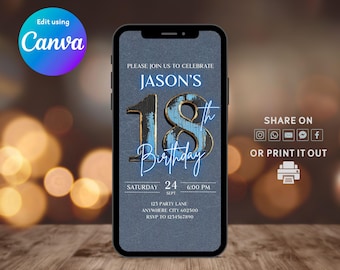 Digital 18th Birthday Invitation Men, Animated 18th E-vite, Rustic Blue 18th Birthday Invite, Self-Editable Instant Download Invitation