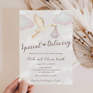 May include: A baby shower invitation featuring a stork carrying a bundle, set against a soft, cloudy sky. The text reads "Special Delivery" and includes details for the event, such as the date, time, and location. The invitation is held by a hand.