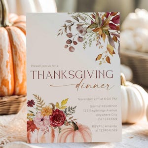 Boho pumpa blommig Thanksgiving-inbjudan, redigerbart höstmiddagskort (digital nedladdning)