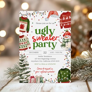 Peut inclure: Invitation pour une "Ugly Sweater Party" avec un design aquarelle. L'invitation comprend la date, l'heure et le lieu. Le design présente des illustrations de pulls de Noël, un bonhomme de neige et un sapin.
