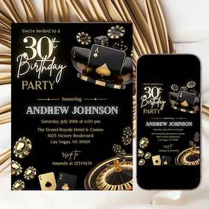 Modèle d'Invitation d'anniversaire casino, 21, 30, 40, 50, partie poker, inviter, Vegas night party, invitation, casino, royale, poker, nuit, inviter