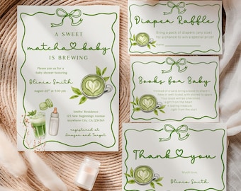 Editable Matcha Baby Shower Bundle, A Baby Is Brewing Matcha Baby Shower Invite Set, Matcha Lover Baby Shower Template Set Instant Download