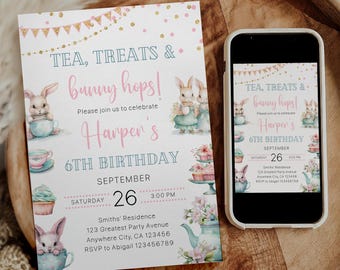 Bunny Tea Party Birthday Invitation, Easter Tea Party Birthday Invitation, Pink Floral Garden Spring Tea Party, Easter Bunny Tea Party